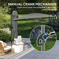 Outsunny 3(m) Cantilever Garden Parasol with Solar Powered Lights, Crank Handle & Cross Base, UPF 50+, 360° Rotation, Dark Grey - 8