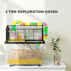 PawHut Two-Tier Hamster Cage with 31cm Deep Tray, Tube System, Water Bottle, Ramp, Feeding Bowl, Multicoloured - 4