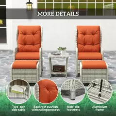 Outsunny 5 Pieces Rattan Bistro Set with Adjustable Back, Reclining Wicker Balcony Furniture with Cushions, Glass Top Coffee Table and Footstools, Outdoor Table and Chairs, Orange - 7