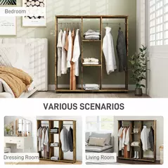 HOMCOM Open Wardrobe Double Mobile Storage Shelves Organizer W/6 Wheels-Rustic Brown - 5