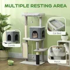 PawHut 132cm Cat Tree w/ Scratching Posts, Pad, Cat Bed, Cat House, Jumping Platform, Grooming Brush, Anti-Tip Kit, Light Grey - 4