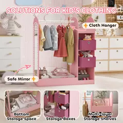 AIYAPLAY Kids Clothes Rail with Storage Shelf, Boxes, Mirror for Bedroom, Nursery, Pink - 4