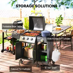 Outsunny 3+1 Burner Gas BBQ Grill with Storage Cabinet and Shelves, 9.5 kW Gas Barbecue Trolley with 6 Castor Wheels, Warming Rack, Thermometer for Outdoor Cooking Garden Party, Black - 5