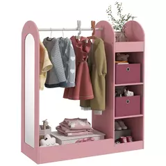 AIYAPLAY Kids Clothes Rail with Storage Shelf, Boxes, Mirror for Bedroom, Nursery, Pink - 1