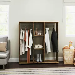 HOMCOM Open Wardrobe Double Mobile Storage Shelves Organizer W/6 Wheels-Rustic Brown - 7