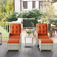 Outsunny 5 Pieces Rattan Bistro Set with Adjustable Back, Reclining Wicker Balcony Furniture with Cushions, Glass Top Coffee Table and Footstools, Outdoor Table and Chairs, Orange - 9