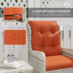 Outsunny 5 Pieces Rattan Bistro Set with Adjustable Back, Reclining Wicker Balcony Furniture with Cushions, Glass Top Coffee Table and Footstools, Outdoor Table and Chairs, Orange - 5