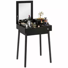 HOMCOM Dressing Table with Flip-up Mirror, Makeup Desk with 2 Drawers and Pine Wood Legs, Vanity Table Writing Desk for Bedroom Living Room, Black - 1