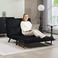 HOMCOM 4-in-1 Velvet-Feel Double Sofa Bed, with Pillows - Black - 7