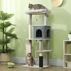 PawHut 132cm Cat Tree w/ Scratching Posts, Pad, Cat Bed, Cat House, Jumping Platform, Grooming Brush, Anti-Tip Kit, Light Grey - 2