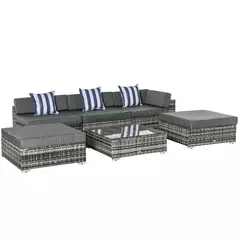 Outsunny 6 PC Rattan Sofa Coffee Table Set Sectional Wicker Weave Furniture for Garden Outdoor Conservatory w/ Pillow Cushion Grey - 1