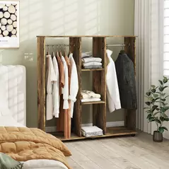 HOMCOM Open Wardrobe Double Mobile Storage Shelves Organizer W/6 Wheels-Rustic Brown - 2