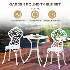 Outsunny 3 Pcs Aluminium Bistro Set Garden Furniture Dining Table Chairs Antique Outdoor Seat Patio Seater White - 5