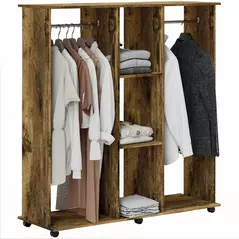 HOMCOM Open Wardrobe Double Mobile Storage Shelves Organizer W/6 Wheels-Rustic Brown - 1