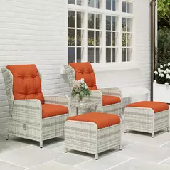 Outsunny 5 Pieces Rattan Bistro Set with Adjustable Back, Reclining Wicker Balcony Furniture with Cushions, Glass Top Coffee Table and Footstools, Outdoor Table and Chairs, Orange - 8