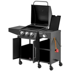 Outsunny 3+1 Burner Gas BBQ Grill with Storage Cabinet and Shelves, 9.5 kW Gas Barbecue Trolley with 6 Castor Wheels, Warming Rack, Thermometer for Outdoor Cooking Garden Party, Black - 1