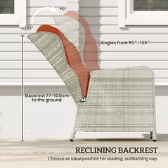 Outsunny 5 Pieces Rattan Bistro Set with Adjustable Back, Reclining Wicker Balcony Furniture with Cushions, Glass Top Coffee Table and Footstools, Outdoor Table and Chairs, Orange - 6