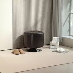 HOMCOM 360° Swivel Foot Stool Round PU Footstool with Thick Sponge Padding and Solid Steel Base, Brown - 2