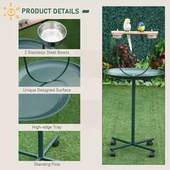 PawHut Bird Perch Stand with Four Wheels, Feeding Bowls, for Small, Medium Birds, Green - 5