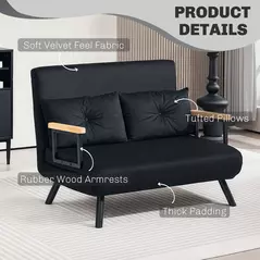 HOMCOM 4-in-1 Velvet-Feel Double Sofa Bed, with Pillows - Black - 6