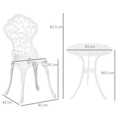Outsunny 3 Pcs Aluminium Bistro Set Garden Furniture Dining Table Chairs Antique Outdoor Seat Patio Seater White - 3