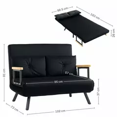 HOMCOM 4-in-1 Velvet-Feel Double Sofa Bed, with Pillows - Black - 3