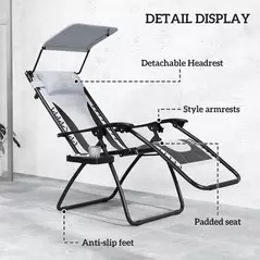 Outsunny Zero Gravity Lounger Chair Set of 2, Folding Reclining Patio Chair with Shade Cover, Padded Seat, Cup Holder, Soft Cushion and Headrest for Poolside, Camping, Light Grey - 5