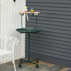 PawHut Bird Perch Stand with Four Wheels, Feeding Bowls, for Small, Medium Birds, Green - 2