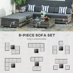Outsunny 6 PC Rattan Sofa Coffee Table Set Sectional Wicker Weave Furniture for Garden Outdoor Conservatory w/ Pillow Cushion Grey - 6