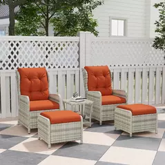 Outsunny 5 Pieces Rattan Bistro Set with Adjustable Back, Reclining Wicker Balcony Furniture with Cushions, Glass Top Coffee Table and Footstools, Outdoor Table and Chairs, Orange - 2