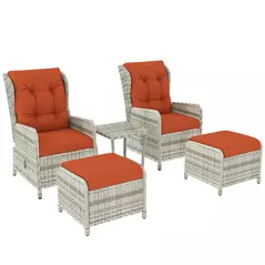 Outsunny 5 Pieces Rattan Bistro Set with Adjustable Back, Reclining Wicker Balcony Furniture with Cushions, Glass Top Coffee Table and Footstools, Outdoor Table and Chairs, Orange - 1