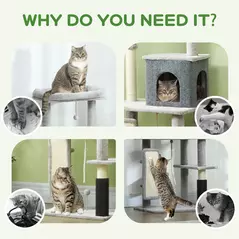 PawHut 132cm Cat Tree w/ Scratching Posts, Pad, Cat Bed, Cat House, Jumping Platform, Grooming Brush, Anti-Tip Kit, Light Grey - 7