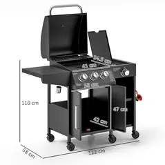 Outsunny 3+1 Burner Gas BBQ Grill with Storage Cabinet and Shelves, 9.5 kW Gas Barbecue Trolley with 6 Castor Wheels, Warming Rack, Thermometer for Outdoor Cooking Garden Party, Black - 3