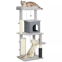PawHut 132cm Cat Tree w/ Scratching Posts, Pad, Cat Bed, Cat House, Jumping Platform, Grooming Brush, Anti-Tip Kit, Light Grey - 1