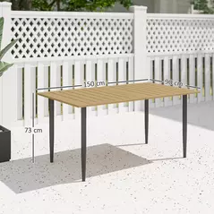 Outsunny Garden Dining Table, 150 x 90 cm Rectangle Outdoor Table with 5 cm Parasol Hole, Slatted Tabletop and Steel Frame for Patio Balcony, (Table Only) Brown - 3