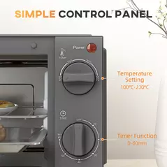 HOMCOM Mini Oven, 9L Countertop Electric Grill, Toaster Oven with Adjustable Temperature, Timer, Dishwasher Safe Baking Tray and Wire Rack, 750W, Grey - 7