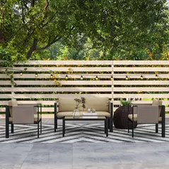 Outsunny 4 Piece Metal Garden Furniture Set with Tempered Glass Coffee Table, Texteline Pocket, Outdoor Set Loveseat Single Armchairs with Padded Cushions, Khaki - 9