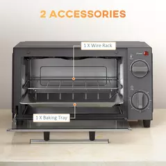 HOMCOM Mini Oven, 9L Countertop Electric Grill, Toaster Oven with Adjustable Temperature, Timer, Dishwasher Safe Baking Tray and Wire Rack, 750W, Grey - 6