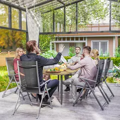 Outsunny Garden Dining Table, 150 x 90 cm Rectangle Outdoor Table with 5 cm Parasol Hole, Slatted Tabletop and Steel Frame for Patio Balcony, (Table Only) Brown - 8