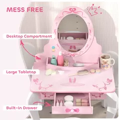 AIYAPLAY Kids Dressing Table Set, Vanity Table with Stool, Mirror, Drawer, Desktop, Storage, Ballet-Theme, Pink - 5