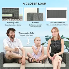 Outsunny 3 Seater Rattan Sofa All-Weather Wicker Weave Metal Frame Chair with Fire Resistant Cushio-Cream - 6