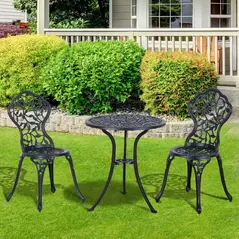 Outsunny 3 Pcs Aluminium Bistro Set Garden Furniture Dining Table Chairs Antique Outdoor Seat Patio Seater Black - 2