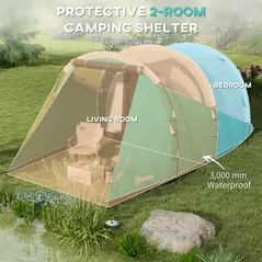 Outsunny Three-Man, 3000mm Water-Resistant Two-Room Tunnel Tent - Green - 4