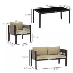 Outsunny 4 Piece Metal Garden Furniture Set with Tempered Glass Coffee Table, Texteline Pocket, Outdoor Set Loveseat Single Armchairs with Padded Cushions, Khaki - 3