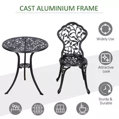 Outsunny 3 Pcs Aluminium Bistro Set Garden Furniture Dining Table Chairs Antique Outdoor Seat Patio Seater Black - 5