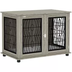 PawHut Indoor Dog Crate Furniture End Table with Soft Washable Cushion, Lockable Front Door, for Large Dogs - Grey - 1