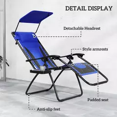 Outsunny Zero Gravity Lounger Chair, Folding Reclining Patio Chair with Shade Cover, Padded Seat, Cup Holder, Soft Cushion and Headrest for Poolside, Camping, Blue - 5