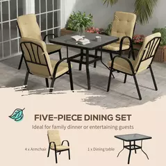 Outsunny 5 Pieces Outdoor Square Garden Dining Set w/ Tempered Glass Dining Table 4 Cushioned Armchairs, Umbrella Hole, Beige - 6