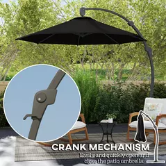 Outsunny 3(m) Garden Cantilever Parasol, Round Overhanging Umbrella with Crank Handle, Cross Base, Aluminium Frame and 360° Rotation, Banana Patio Umbrella for Outdoor Sun Shade, Black - 6