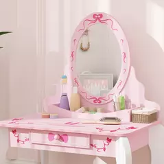 AIYAPLAY Kids Dressing Table Set, Vanity Table with Stool, Mirror, Drawer, Desktop, Storage, Ballet-Theme, Pink - 9
